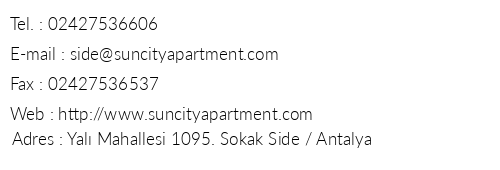 Sun City Apart telefon numaralar, faks, e-mail, posta adresi ve iletiim bilgileri